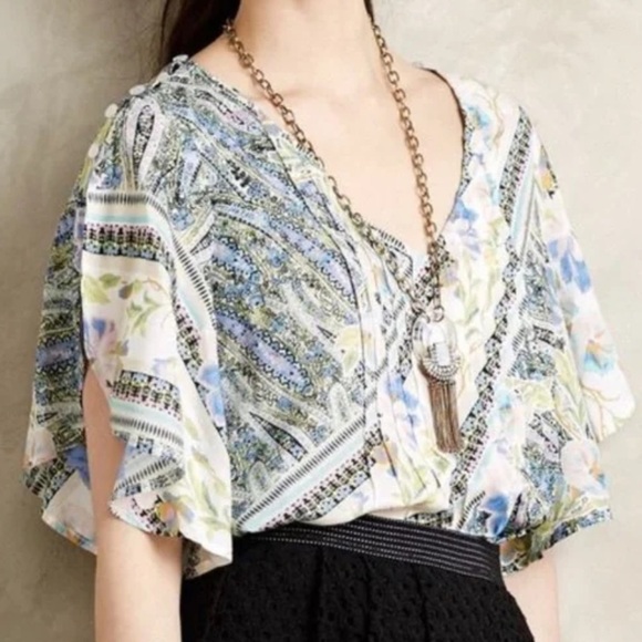Maeve Anthropologie Maya Floral Flutter Sleeve Top size 0 like new rayon - Picture 2 of 6